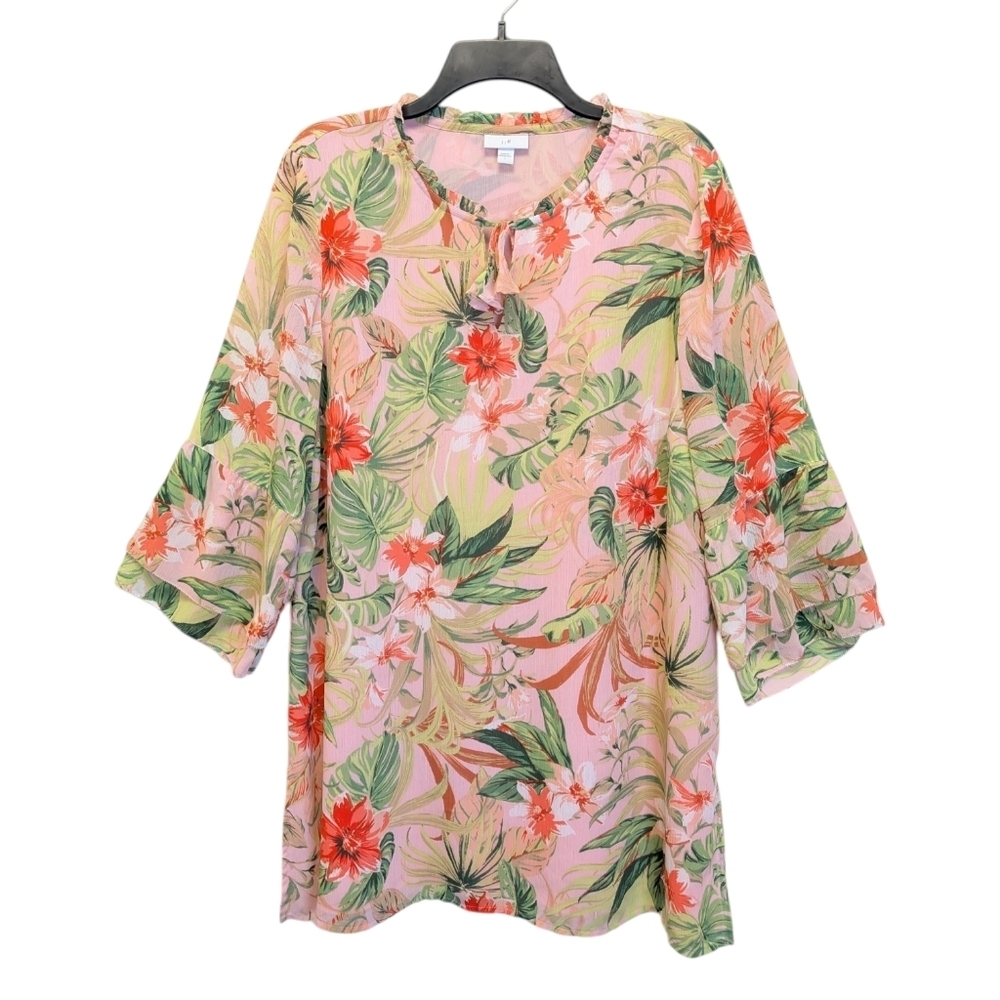 J. Jill Tropical Floral Chiffon Tunic Dress Cottagecore Fairy Bell Sleeve Lined